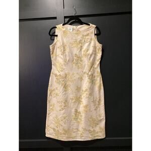 Vintage Laura Ashley linen Sheath Dress Floral Jacquard Sleeveless retro cream 8
